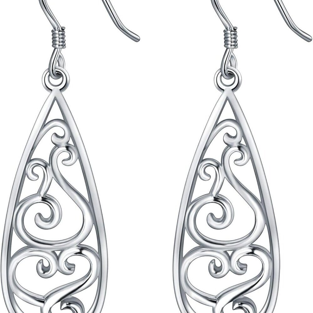 Solid 18K Gold Over 925 Sterling Silver Dangle Earrings, Lightweight Filigree Te